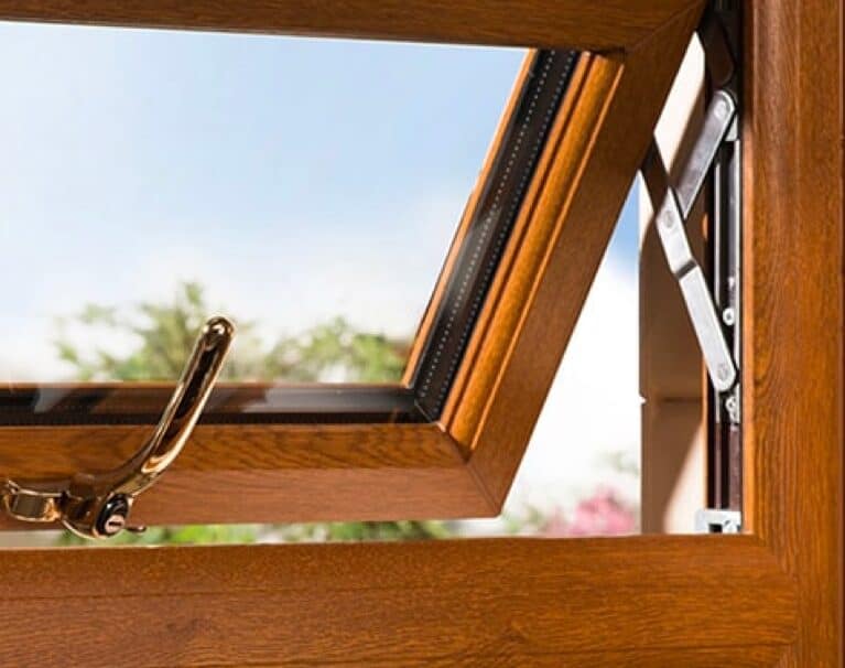 Close up of american light oak casement window sash open