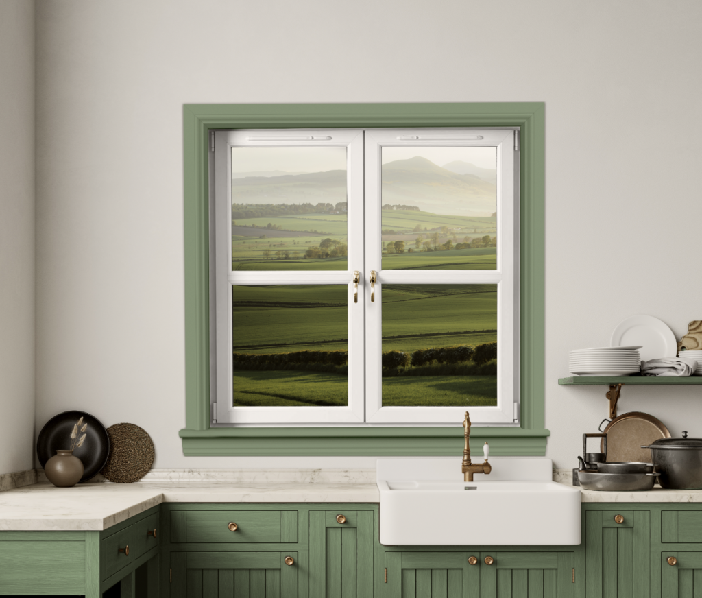 Lorimer uPVC casement window complete with sage green timber slls and surround, located in a kitchen above the sink.