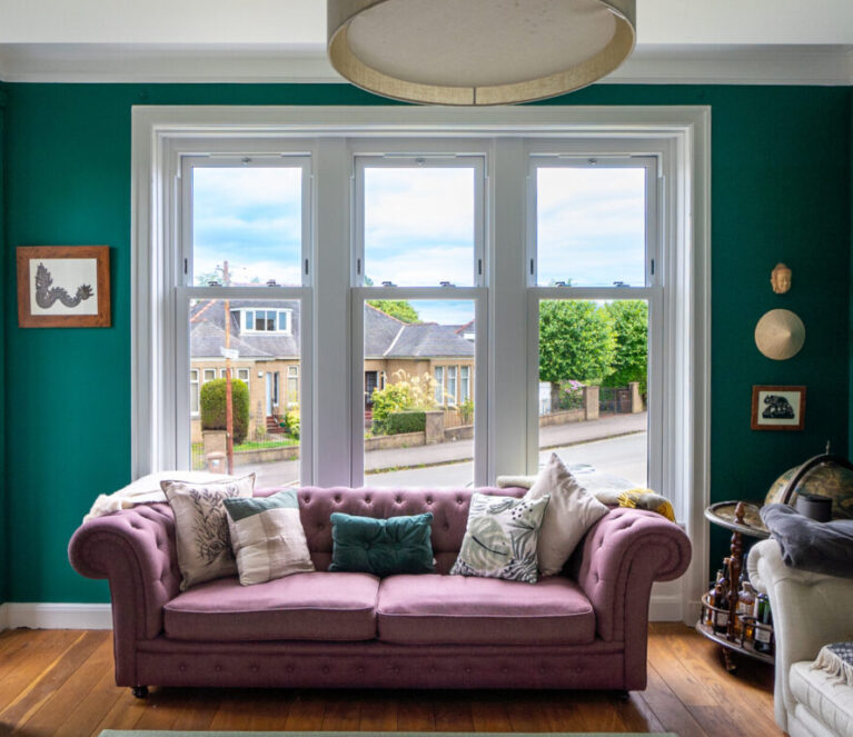 Interior shot of sliding sash double glazing in Glasgow home.