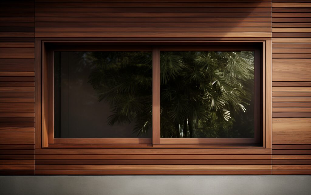 Timber framed window surrounded by timber clading.