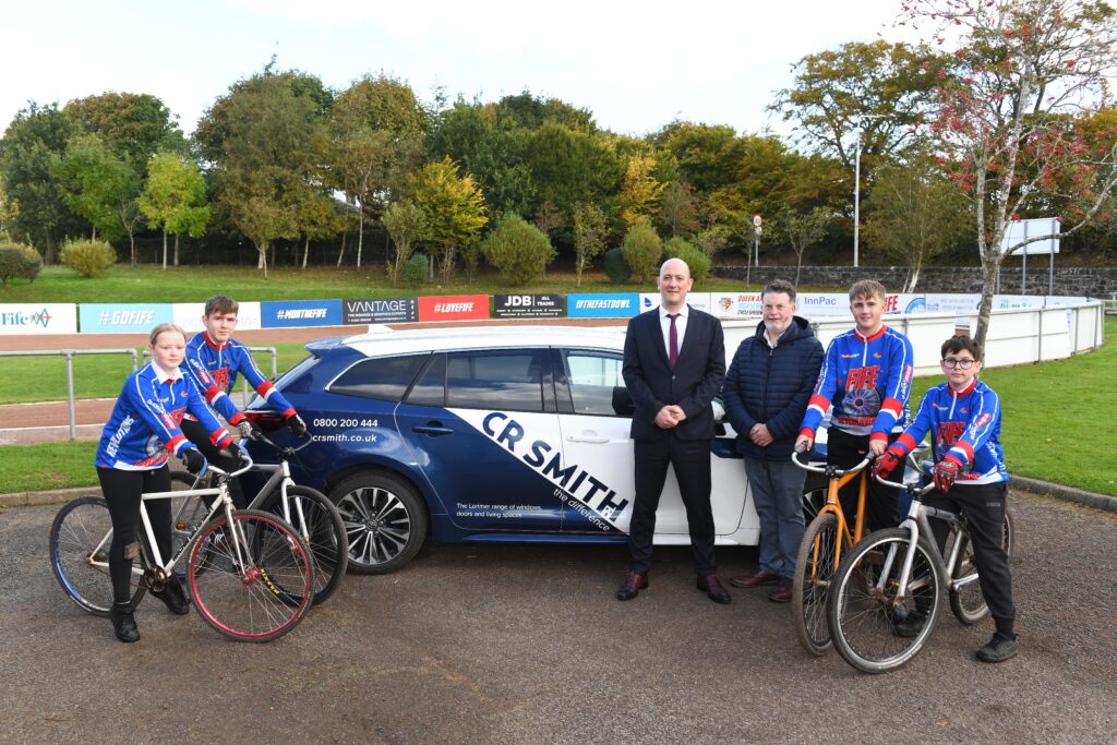 Fife Speedway Cycle Club members with CEO of CR Smith and head of Fife Speedway Cycle Club.